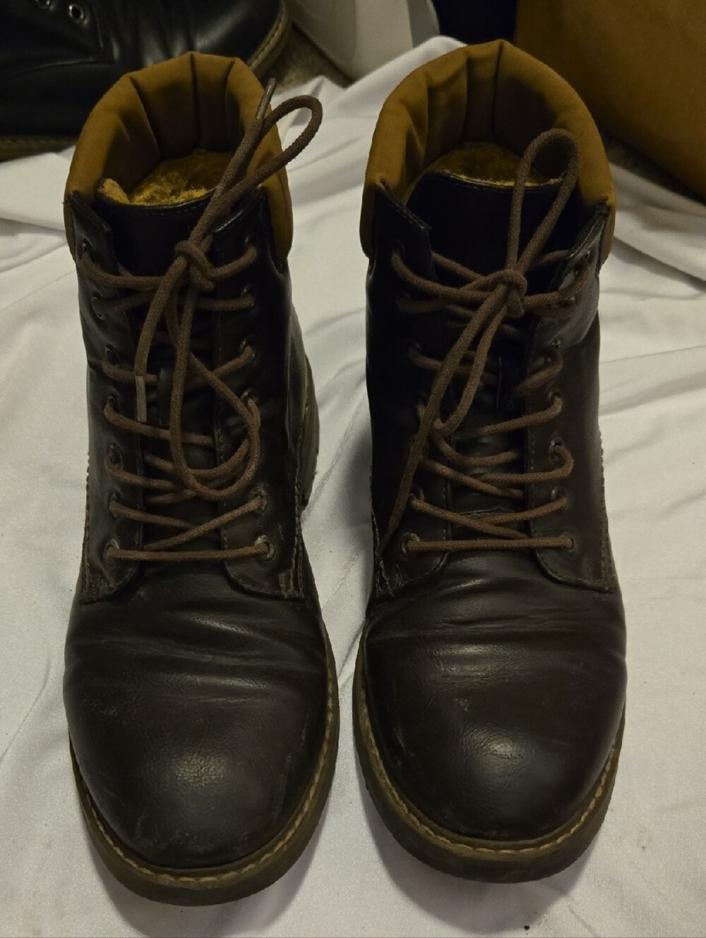 Guess Dark Brown Leather Lace-Up Men's Boots with Tan Collar Size 10